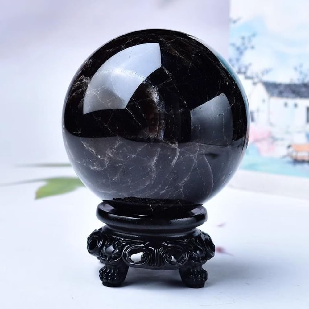 Black Quartz Crystal Ball for Decorative, Obsidian Crystal Sphere with Wooden Stand,Polished Stone Ball Ornament Home Office Decor,3.5"(9cm)
