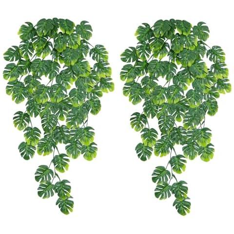 Dolicer 2 Pack Artificial Hanging Plants, Fake Hanging Monstera Leaves Greenery Tropical Palm Leaves Ivy Vine, UV Resistant Outdoor Jungle Hanging Plants for Home Garden Hawaiian Party Office Décor Cover