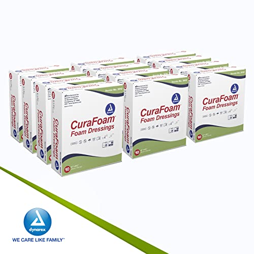 Dynarex Curafoam Foam Dressings, Non-Bordered, Sterile, Provides Cushioned And Moist Wound Care, Used For Medium To Heavy Exuding Wounds, 4" X 4.25", 1 Case Of 120 Curafoam Dressings (12 Boxes Of 10) #TOP5