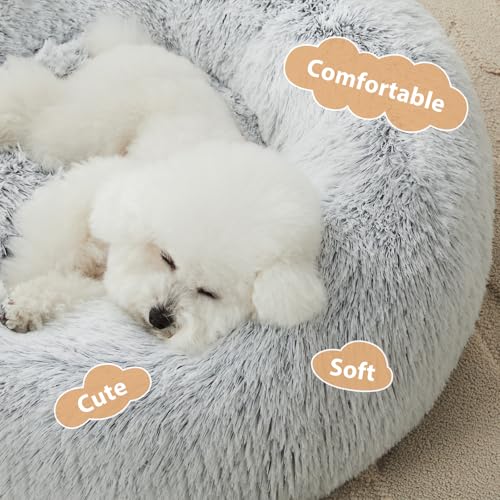 WNPETHOME Calming Dog Bed Cat Bed Donut, Faux Fur Pet Bed Self-Warming Donut Cuddler, Comfortable Round Plush Dog Beds (24 x 24 Inch, Light Grey) by WNPETHOME - Image 2