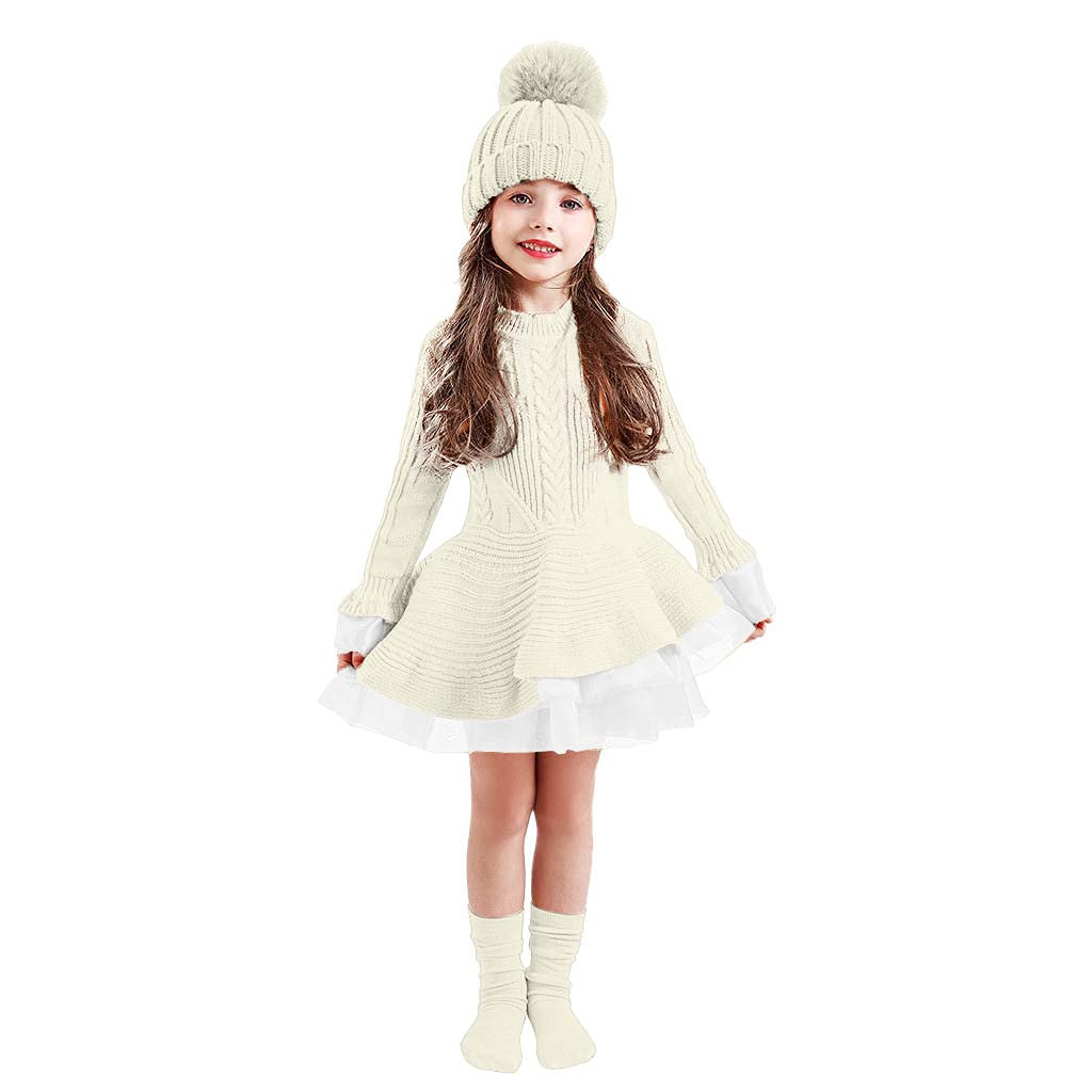 RNTOP Kids Girls Christmas Sweater Dress Toddler Long Sleeve Knit Sweater Dress Solid Color Casual (White, 2-3 Years)
