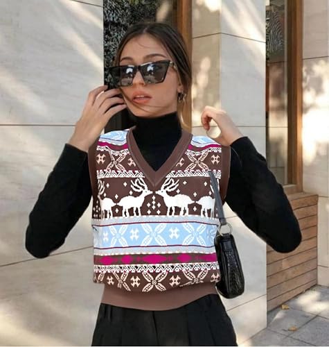 Image of JULYCLO Christmas Sweater Vest Women Ugly Xmas Reindeer Knit Sweaters Casual Santa Snowflake V Neck Sleeveless Outwear Tops