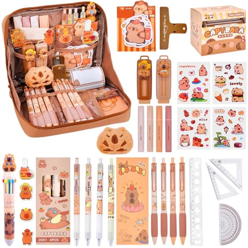 Capybara Pencil Case Cute Capybara Stationery Set Include Capybara Pencil Case/Capybara Pens/Stickers/Keyring/Sticky Notes/Rulers Large Capacity Multi-Layer Case for Kids Students Gifts