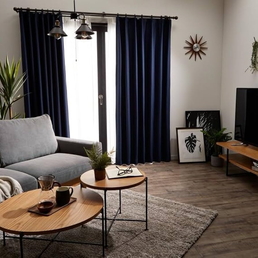 50's柄カーテン2枚ブルーパレット180cm×2枚