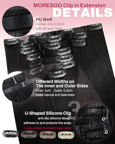Image of Moresoo Black Clip in Hair Extensions Human Hair, 14Inch Seamless PU Weft | Hair extensions clip ins, 14inch 120g 7pcs, jet black, for fine hair beginners and daily wear, adds soft natural volume
