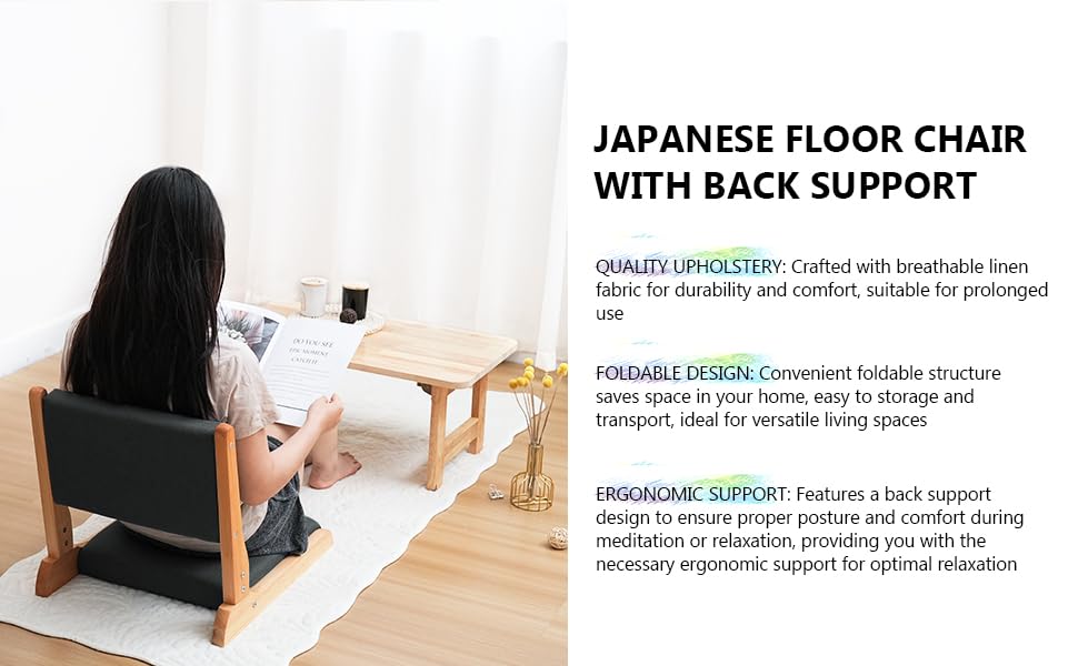 Image of Japanese Floor Chair with Back Support, Foldable Meditation Chair, Legless Tatami Chair with Cushion, Floor Seat for Living Room, Bedroom, Bay Window (1, Black)