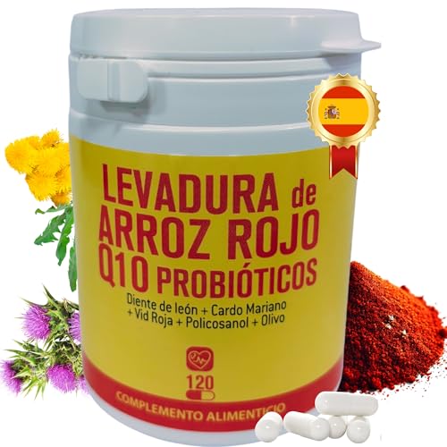 DIETÉTICA EUROPEA levadura de arroz rojo con Q10 y monacolina k - Arroz rojo colesterol capsulas con Diente de león Cardo mariano y probióticos que ayudan al hígado e intestino - red yeast rice coq10
