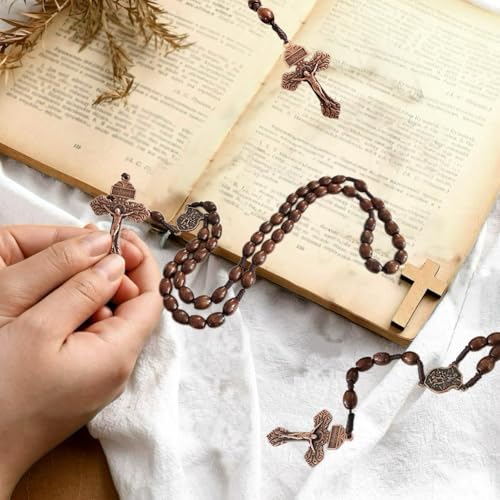 Image of Bovemee Saint Benedict Medal Prayer Pocket Rosary Catholic Brown Wood Beads with Medalla de san benitol and Crucifix, 9 Inch