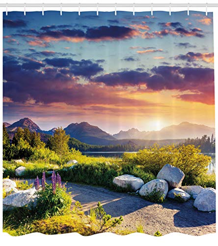 Abakuhaus Nature Shower Curtain, Idyllic Skyline in National Park on European Mountains Tranquil Scenery, Cloth Fabric Bathroom Decor Set with Hooks, 94 Inches, Fern Green Blue Lilac - Image 2