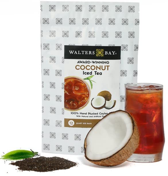 Walters Bay Té helado de coco  Bolsas de té de tamaño de 12 cuartos de galón, té de Ceilán, sin azúcar, sabor a coco, 100% arrancado a mano, té negro