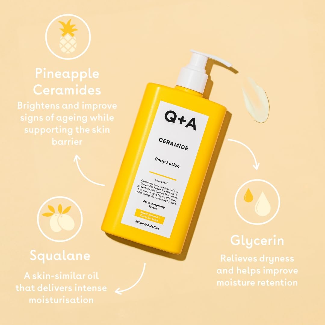 Q+A Ceramid Body Lotion: A nourishing body lotion with squalane, pineapple ceramides, and a protective sugar complex. Provides deep hydration like body butter. 250 ml