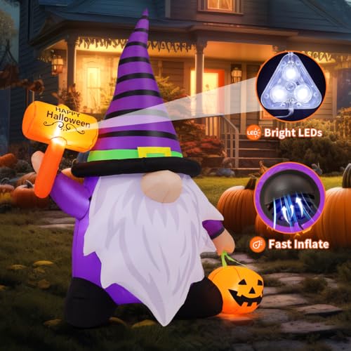 Image of GOOSH 6.7 FT Halloween Gnome Inflatables with Pumpkin Outdoor Decorations Gnome Blow Up Yard Built-in LED Lights for Halloween Party Indoor Outdoor Yard Garden