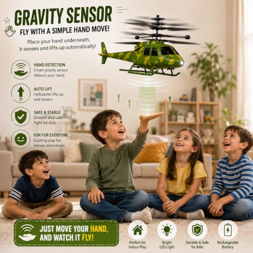 Image of KIDZYMON New Age Technology RC Helicopter with USB Cable, Safety Sensor 3.1, Gravity 2.6, 3D Light, Charging Battery, Indoor and Outdoor Flying, Remote Battery not Included (Army)