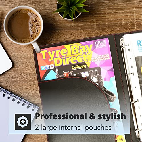 H&S A4 Portfolio Folder With Ring Binder Mechanism - Faux Leather Business Padfolio - Black Conference Organizer With 40 Plastic Pockets #TOP1