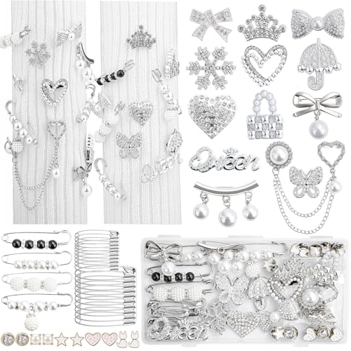RQAYE Silver Shoe Charms for Sneakers Junk Socks Charms Kit Brooches and Pins for Women Pearl and Rhinestone Sock Charm with Safety Pins DIY Accessories for Decorating and Personalizing Socks