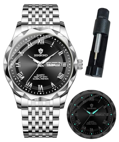 Image of BINBOND Men's Watch Luxury Business Dress Analog Quartz Stainless Steel Casual Date Wrist Watches for Men Easy Read Roman Numeral Large Dial Waterproof Luminous