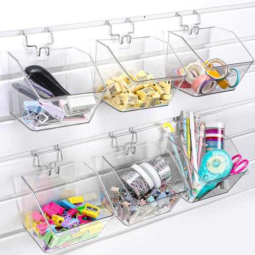 Layhit 6 Set Slatwall Bins Plastic Bins with Metal Hooks Mount Hanging Slatwall Containers Storage Organizer Slat Wall Accessories for Craft Garage Tool Storage Room Panel(Clear)