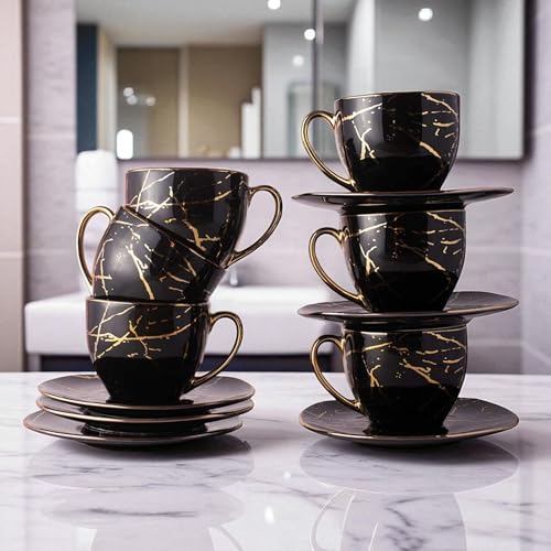 Image of Bone China Gold Line Diamond Cup with Saucer Set of 12 Pcs | Tea /Coffee Cups 200 ml | Microwave & Dishwasher Safe | Bone-Ash Free | Crockery Set Ideal for Daily Use & Gifting (Black)