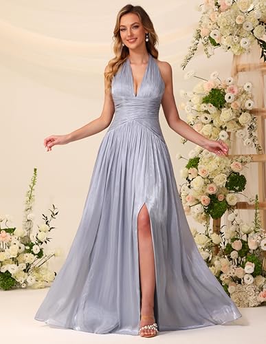 Image of Shimmer Chiffon Bridesmaid Dresses for Women Long | Deep V Neck,Pleated,Knotted,Empire Waist,with Slit,Breathable,Lightweight,Flowy,Formal Evening Dress