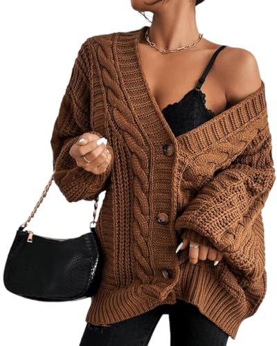 Womens Chunky Lantern Sleeve Button Down V Neck Knitted Sweater Cardigan Twist Cable Knit Fall Cardigan Shawl