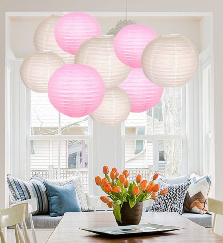 A Liittle Tree 12 PCs Mixed New Round Paper Lanterns Wedding Birthday Party Decor (Pink White Shade 12) — image 1