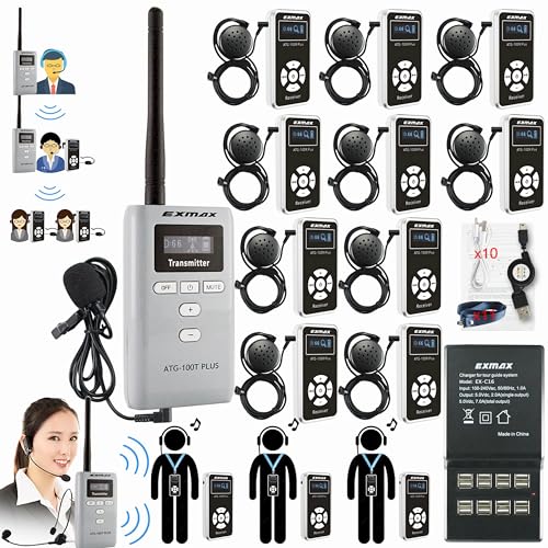EXMAX ATG-100T PLUS Sistema Inalámbrico de Guía de Tours 195MHz con Auricular de Diadema y Micrófono para Conferencias y Eventos (1 Transmisor 10 Receptores con Cargador de 16 Puertos) miniatura 1