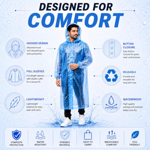 Image of Full Length Waterproof Raincoat for Men & Women | Hooded Transparent Rain Wear with Sleeves | Reusable Long Rain Jacket for Bike Riding, Travel, Camping & Monsoon Protection