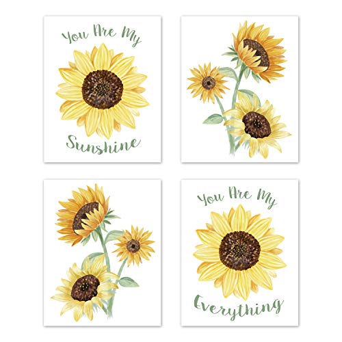 Image of Sweet Jojo Designs Yellow, Green and White Sunflower Boho Floral Wall Art Prints Room Decor for Baby, Nursery, and Kids - Set of 4 - Farmhouse Watercolor Flower, You are My Sunshine