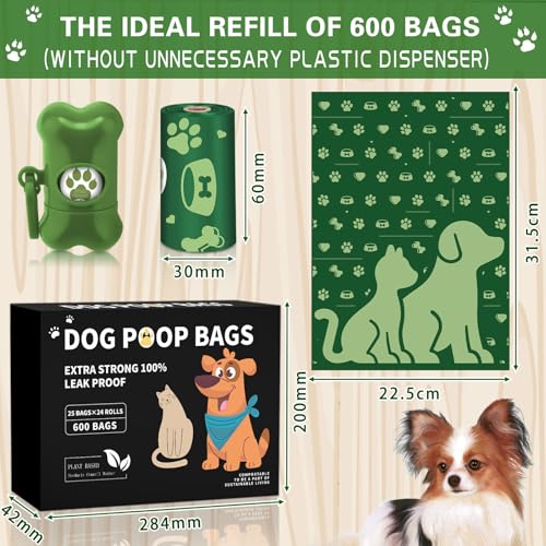 BGIUSQF 600 Pcs Hundekotbeutel (24 Rollen), Kotbeutel für Hunde + Hundekotbeutelspender, Tragbar Dog Poop Bags, Leicht zu Zerreißen, Auslaufsicher und Wasserdicht, Hundebeutel Kot, Grün