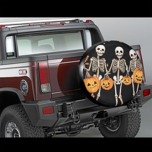 Image of Fall Skeleton Pumpkins Spare Tire Cover,Cute Funny Skull Wheel Protectors Weatherproof Universal Fit for Trailer RV SUV Truck Camper Trailer Travel Outdoor,14 inch