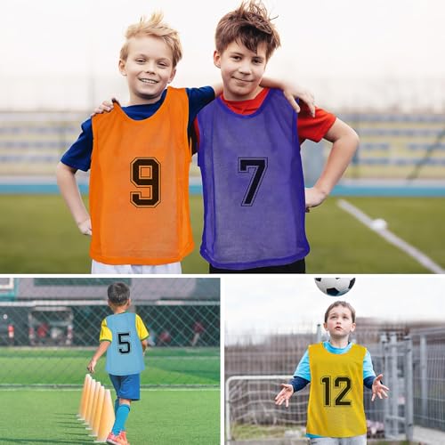 LYCN 48er Set Leibchen Fußball Kinder, 4 Farben Trainingsleibchen Nylon Mesh Wendbare Nummerierte Westen in Blau Orange gelb Lila für Fussball Volleyball Basketball Teamtraining