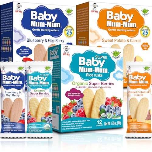 Baby Mum-Mum Organic Gentle Teething Crackers Blueberry & Goji Berry Super Berry Sweet Potato & Carrot Variety Pack | 24 Count (Pack of 3) | Gluten Free Allergen Free Non-GMO