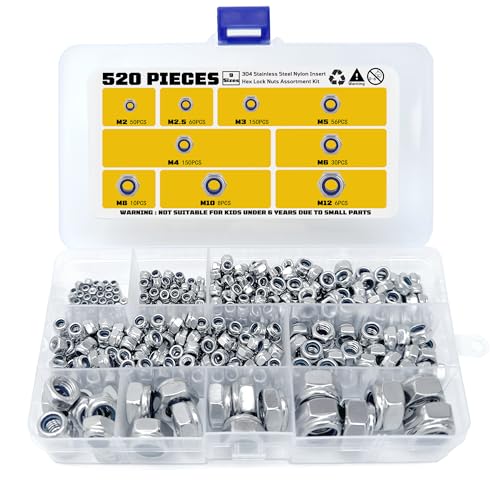 Locknuts Assortment Kit,M2 M2.5 M3 M4 M5 M6 M8 M10 M12 520PCS Metric Nylon Insert Lock Nuts Set,304 Stainless Steel Lock Nuts