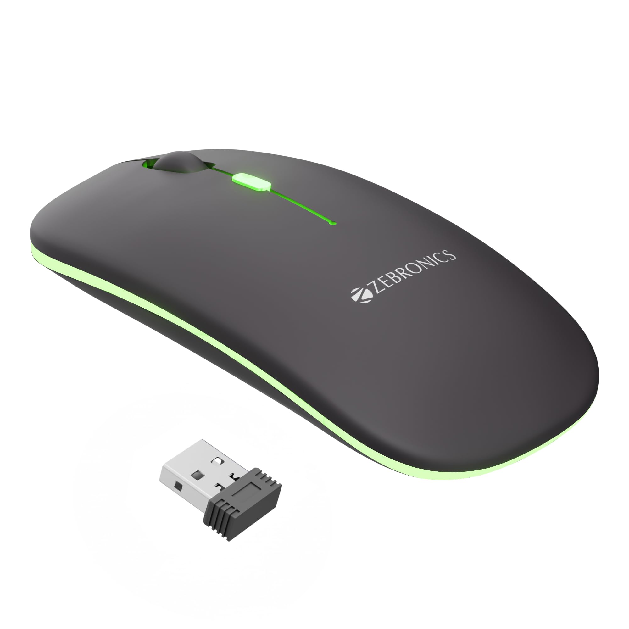 Zebronics Wireless Mouse, Dual Mode 2.4GHz + BT, Up to 1600 DPI, USB Nano Receiver, Lightweight Design, Multicolor LED Lights, Rechargeable Battery (Blanc, Grey)-image-3