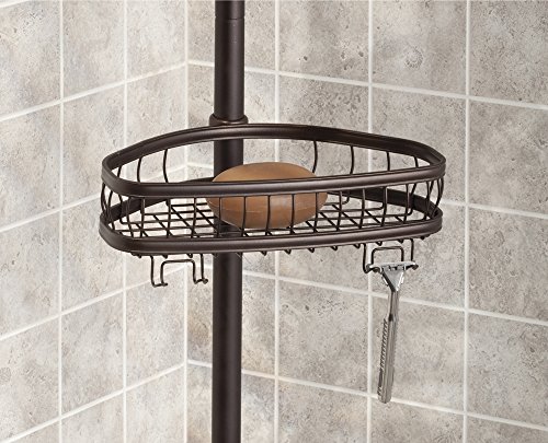 mDesign Telescopic Shower Caddy - Steel Shower Caddy - No Drill Corner Shower Shelves with Towel Bar & 2 Hooks - Ideal for Shampoo, Razors & Other Accessories - Bronze