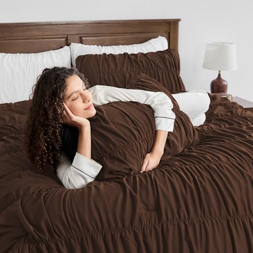 Image of Andency Ruched Brown King Size Comforter Set, Shabby Chic Pleated Bedding Sets 3 Pieces, Lightweight Soft Boho Ruffle Bed Set for Girls, Kids, Women, All Season