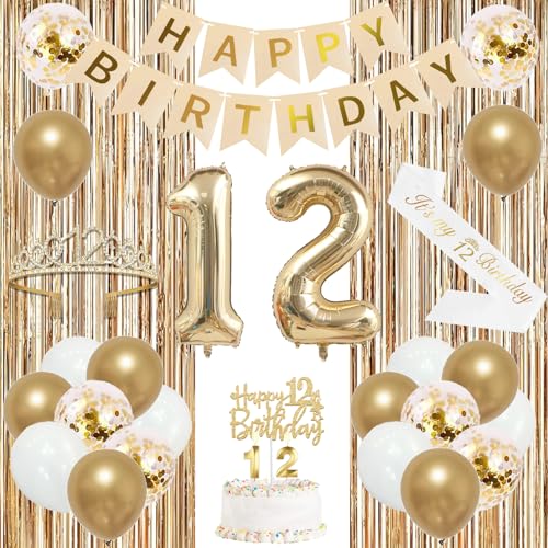 Image of Trgowaul 12th Birthday Decorations for Girls, Banner, Sash and Crown, Cake Topper, 12 Number Balloon, Fringe Curtains, Champagne Gold 12th Birthday Party Supplies