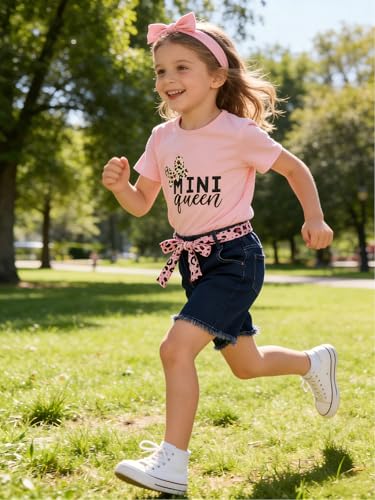 Image of Kids Toddler Girls Summer Clothes Leopard Butterfly Print T-Shirt + Belted Denim Jeans Shorts 3PCS Outfits