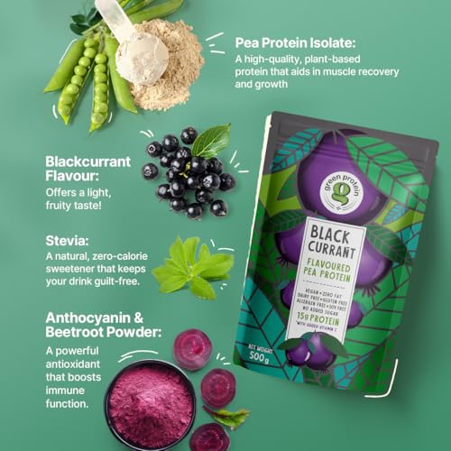 Image of GREEN PROTEIN Plant Protein Isolate Powder, Plant Protein, No Added Sugar, 100% Soy, Dairy, Gluten & Allergen Free, Black Currant Flavor, 15g Protein Per Serving, Pouch (500g)