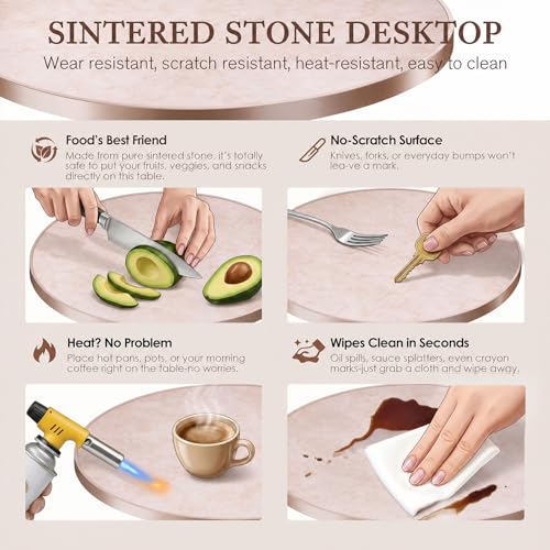 Image of 31.5 inchTulip Table, Sintered Stone Small Round Dining Tables&Metal Edge&Base | Small Modern Circle Dining Table for 2-4 Person ,Bistro Tables for Dining Room /Kitchen /Restaurants /Small Spaces /Marble Pink