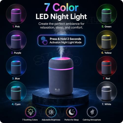 Image of Portable USB Humidifier with 7 Color LED Night Light, Ultra Quiet Cool Mist Humidifier for Bedroom, Office, Car & Home, BPA Free Air Mist Diffuser for Better Sleep & Relaxation by ComSaf (Multi Color)