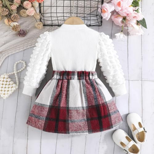 Image of Noubeau Toddler Girls Plaid Outfits Girls Puff Sleeve Knit Ribbed Shirt Tops Plaid Skirt Set Kids Fall Winter Clothes