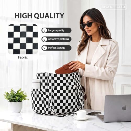 Large Capacity Corduroy Tote Bag for Women Aesthetic Checkerboard Bag - image 4