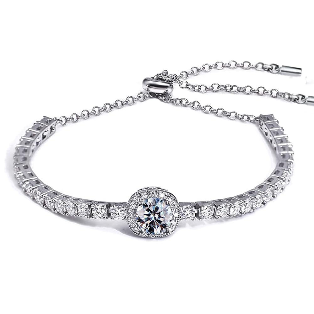 FEIKFEIZ Pulsera de tenis de moissanita, diamantes de moissanita cultivados en laboratorio de 2CT y 8mm, chapada en rodio, pulsera ajustable de color plateado y blanco para mujeres, elegante, joyería.