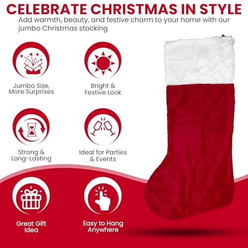 Iconikal Jumbo Christmas Stocking Red Plush 43-Inch Tall White Cuff Large Gift Holder with Hanging Loop Mantel Holiday Décor - Thumbnail 4