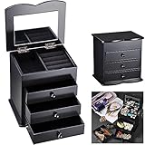Yescom Wooden Jewelry Box Built-in Mirror Ring Earring Necklace Organizer Storage Case Black