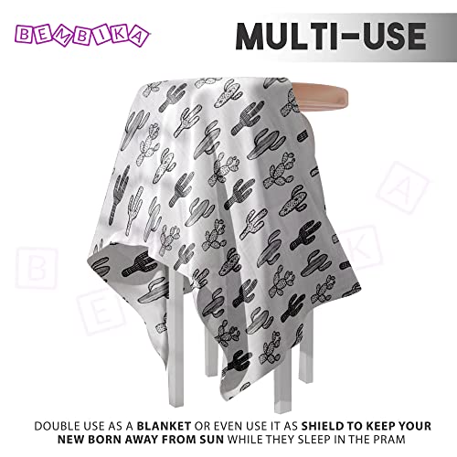 Image of BEMBIKA Bamboo Muslin Swaddle Wrap Baby 120X110 Cm Stroller Blanket Receiving Blanket for Newborn (Black Cactus)