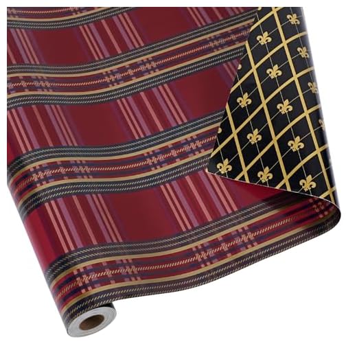 LaRibbons Reversible Christmas Wrapping Paper Mini Roll, Red Plaid and Black Base with Gold Fleur-de-Lis Pattern, for Christmas, Holiday, and Seasonal Gift Wrapping, 17" x 33'(46.7 sq. ft)