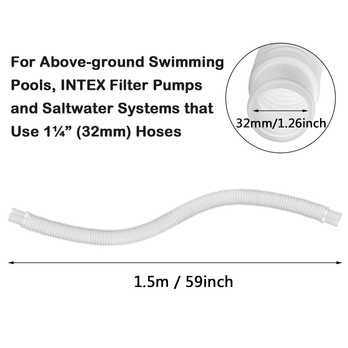 2 Piezas Manguera Piscina 32mm, 1,5m de Largo, con 4 Abrazaderas Metal
