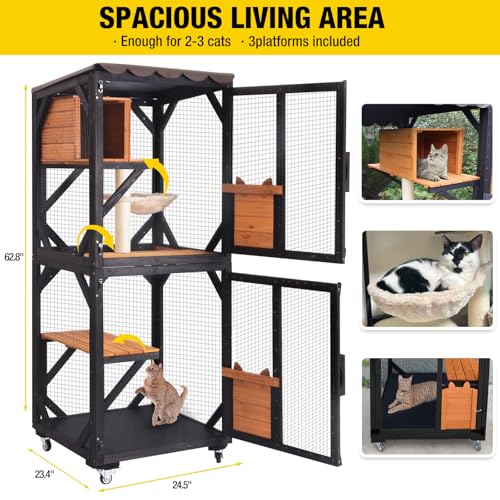 Image of Aivituvin Cat House Window Catio Outdoor Cat Enclosure Mobile Kitty Shelter on Wheels Pet Cage with Resting Box,Hammocks,Waterproof Cover